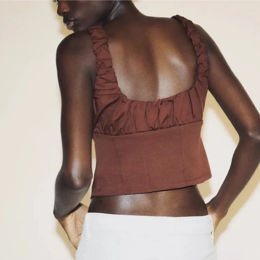 NWT Zara Brown Mixed Interlock Poplin Ruched Crop Top - Picture 3 of 7